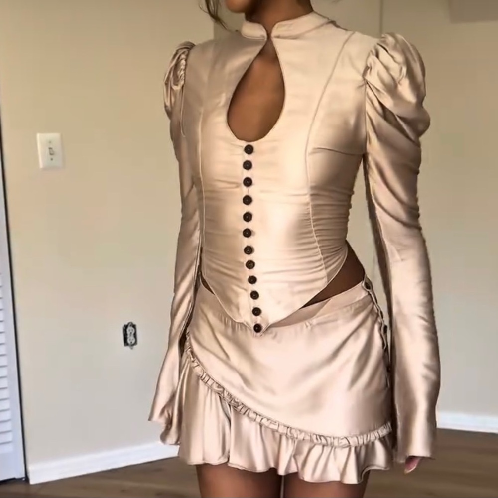 Champagne Button-Up Ruffle Blouse and Skirt Set